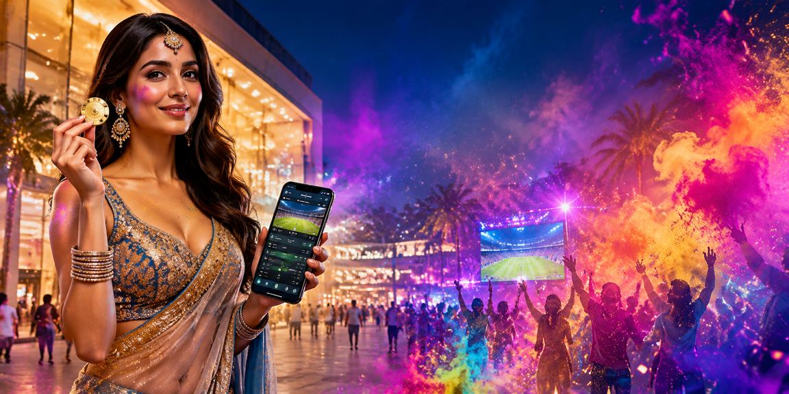 Delhi Holi festival crowd with phone betting interface