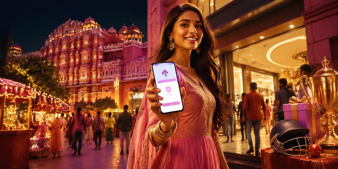 Jaipur night market with cricket and casino slots on mobile devices